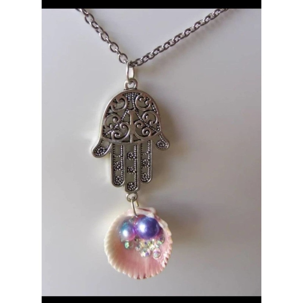 Iridescent Hamsa Boho Mermaid Necklace bubble pearl handmade jewelry